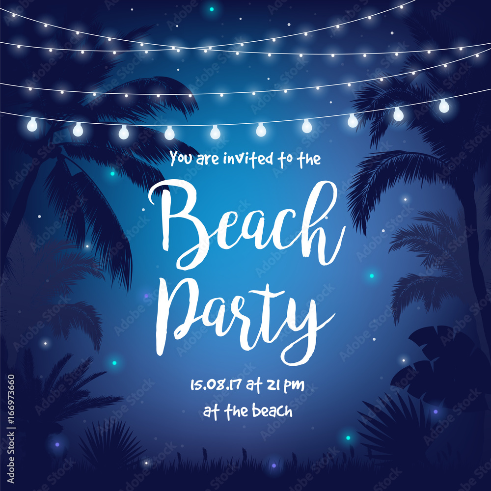 Fototapeta Ilustracja wektorowa Beach Party z pięknym gwiaździstym niebem noc, palmy, liście i wiszące światła party