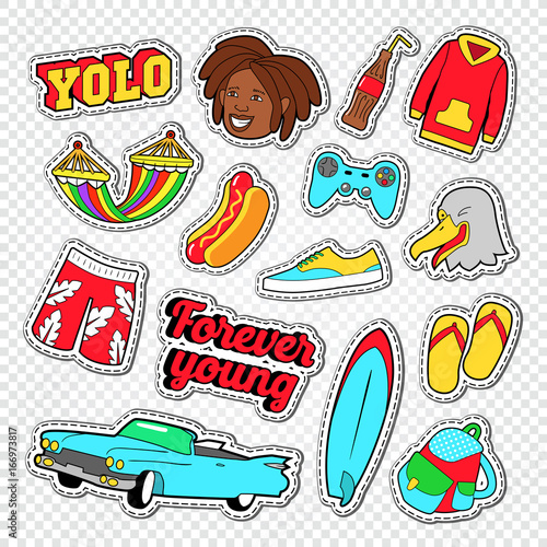 Beach Vacation Stickers with Surf Board. Teenager Lifestyle Doodle. Vector illustration