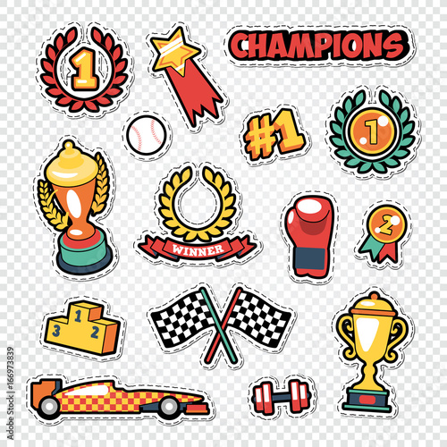 Sport Trophy Winner Stickers Set with Medals, Podium and Awards. Vector illustration
