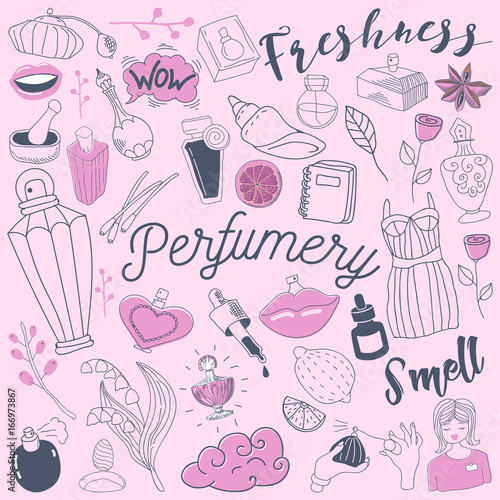 Cosmetics and Perfumery Freehand Doodle. Hand Drawn Perfume Set. Vector illustration