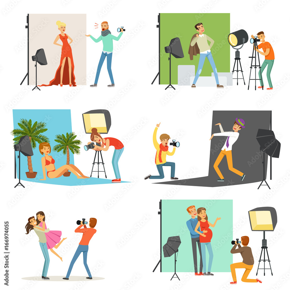 Photo studio set, photographers taking pictures of different people with professional photographic equipment vector Illustrations