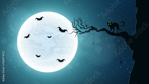 Black cat on a tree against the background of the full moon. Terrible night. Flying bats. Realistic starry sky. Background for Halloween. Vector illustration
