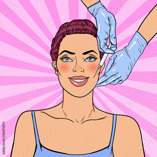 Pop Art Young Woman is Getting Beauty Facial Injection. Cosmetology Clinic. Vector illustration