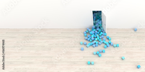Infinite colored cubes getting out of a door, original 3d rendering