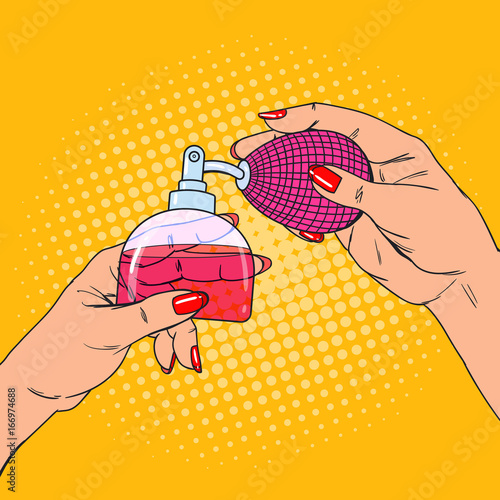 Pop Art Woman Hands with Bottle of Luxury Perfume. Vector illustration