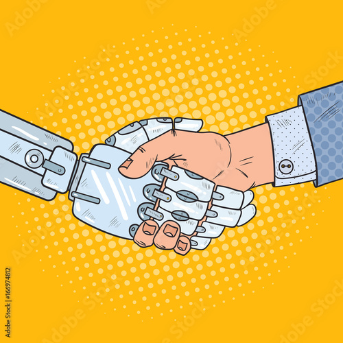 Pop Art Business Robot and Human Handshake. Intelligence Technology. Vector illustration