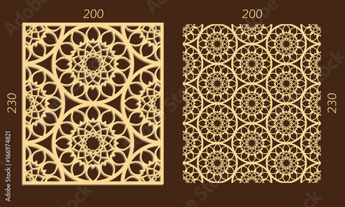 Laser cutting set. Woodcut vector panel. Plywood lasercut eastern design. Hexagonal seamless pattern for printing, engraving, paper cutting. Stencil ornament.