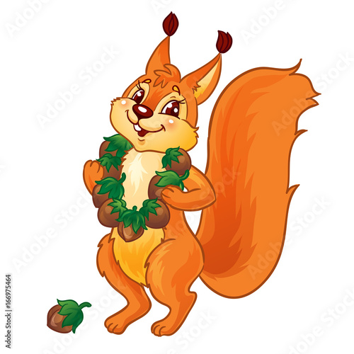 Cute cartoon squirrel puts on beads from nuts.  Isolated on a white background . Vector Illustration. 