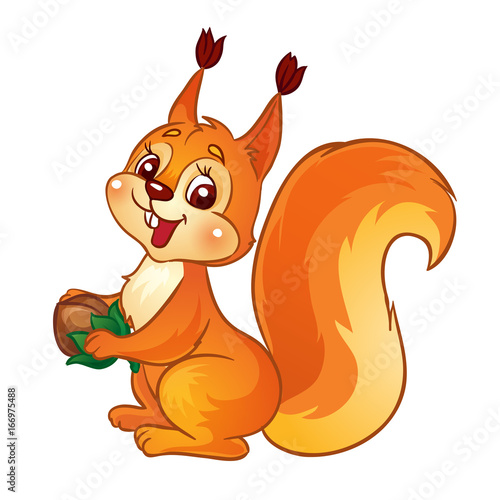 Cute cartoon squirrel with a nut. Isolated on a white background . Vector Illustration. 