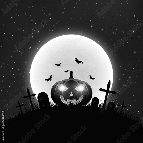 Black and white Background for Halloween in retro style. Cartoon pumpkin in the cemetery. Full moon and realistic starry sky. Creepy concept. Vector illustration