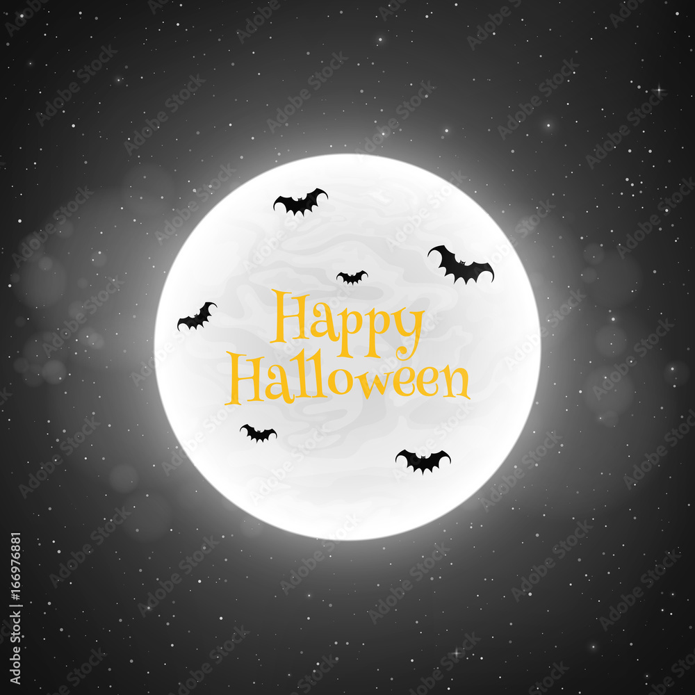 Black and white background for Halloween in retro style. Bats fly against the background of the full moon. Creepy concept. Yellow text. The starry sky. Vector illustration Black and white background for Halloween in retro style. Bats fly against the background of the full moon. Creepy concept. Yellow text. The starry sky. Vector illustration