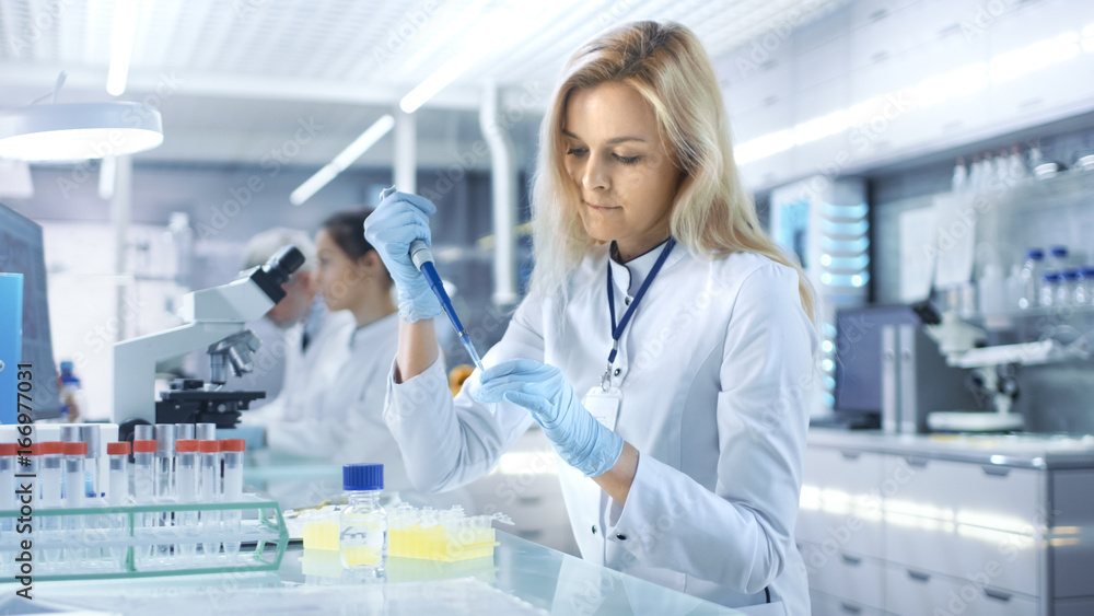 Female Research Scientist Uses Micropipette Filling Test Tubes in a Big Modern Laboratory. In the Background Scientists are Working. Female Research Scientist Uses Micropipette Filling Test Tubes in a Big Modern Laboratory. In the Background Scientists are Working.