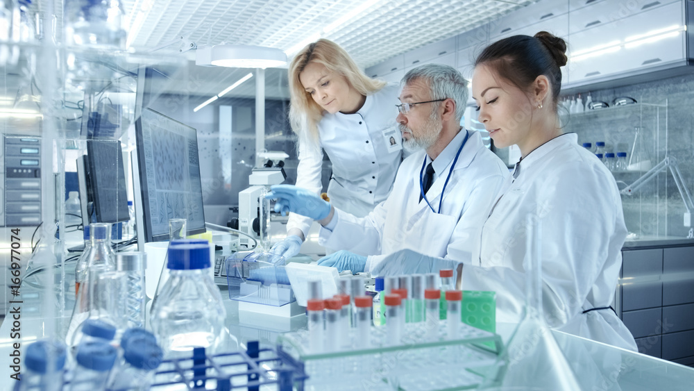 Fototapeta premium Team of Research Scientists Working With Personal Computer, Analysing Test Trial New Generation Drug Data. They Work in a Modern Laboratory/ Medical Center.