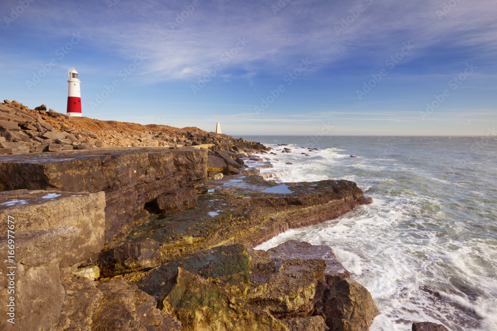 Portland Bill Lighthouse in Dorset, England on a sunny day