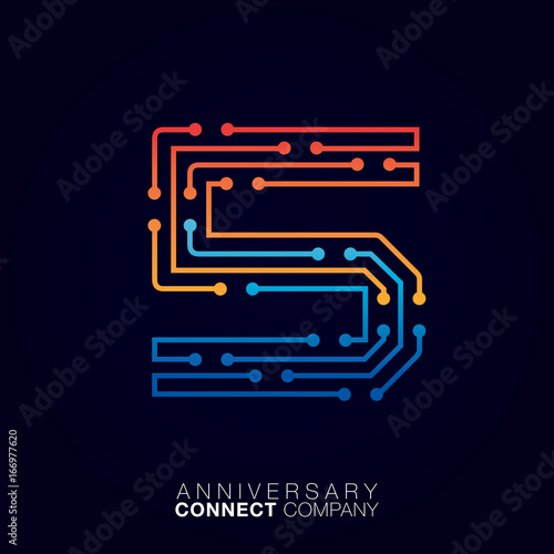 5 Anniversary, Letter five logotype orange and blue color,Technology and digital abstract dot connection company vector logo