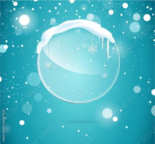 Transparent vector glass  banner with snow and icicles isolated on blue sparkling background. Vector illustration. Eps 10 file