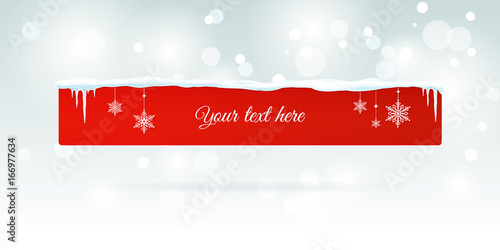 Red empty banner with snow and icicles isolated on silver sparkling background. Vector illustration. Eps 10 file