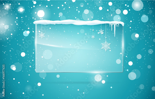 Transparent vector glass  banner with snow and icicles isolated on blue sparkling background. Vector illustration. Eps 10 file