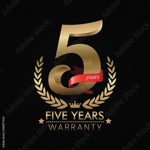 5 Years Warranty background with red ribbon. Poster, label, badge or brochure template. Vector illustration