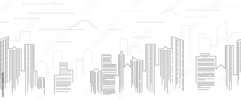 Vector illustration of line skyscrapers. Black and white. Line art