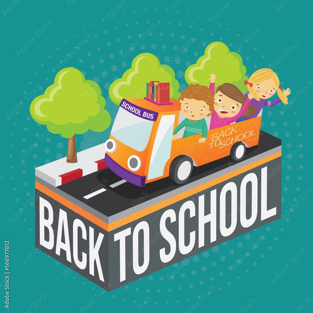 Naklejka premium back to school, Kids riding on yellow school bus transportation education