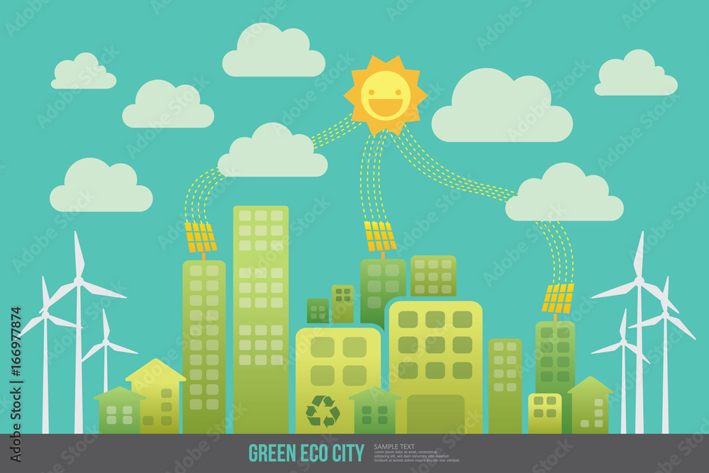 Green energy urban landscape vector. Ecology nature, eco house building. Green energy eco city vector landscape illustration