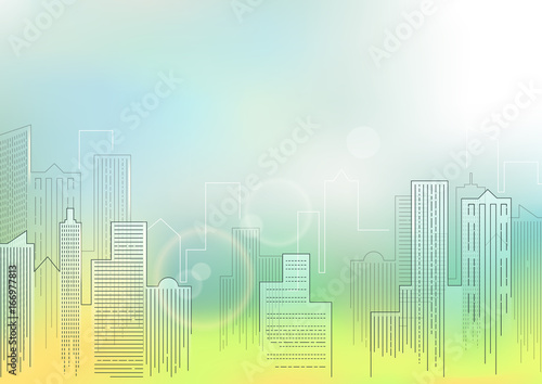 Downtown cityscape, detailed silhouette. Sunny day. Trendy vector illustration, linear style.