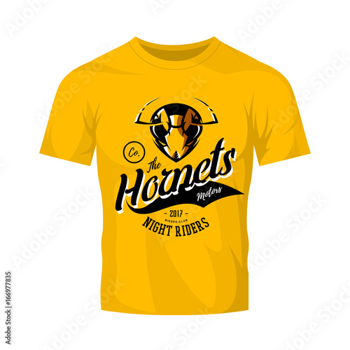 Vintage furious hornet bikers gang club vector logo concept isolated on orange t-shirt mockup.
Street wear mascot badge design. Premium quality wild insect emblem t-shirt tee print illustration.