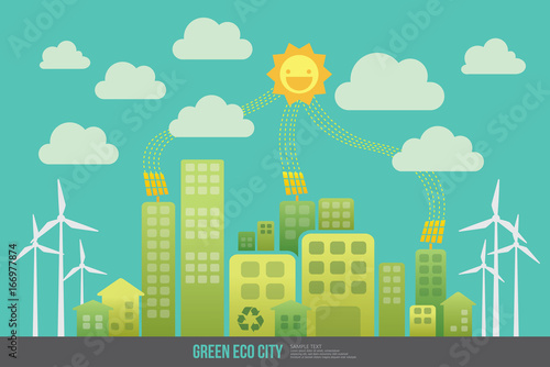 Green energy urban landscape vector. Ecology nature  eco house building. Green energy eco city vector landscape illustration