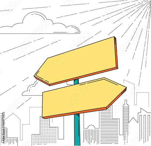 Direction road signs — two arrows, with city silhouette as backdrop. Vector illustration.