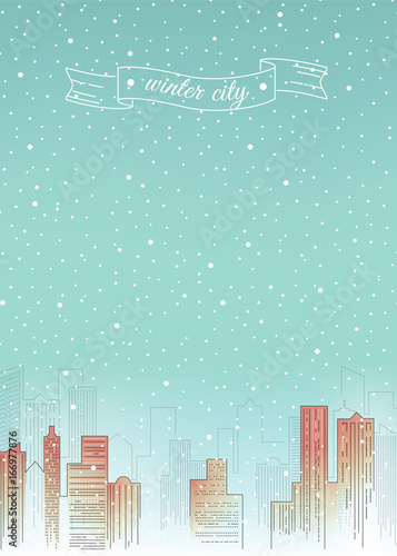Winter city skyline, detailed silhouette. Trendy vector illustration, linear style.