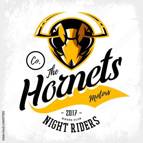 Vintage furious hornet bikers gang club vector logo concept isolated on white background. 
Street wear mascot badge design. Premium quality wild insect emblem t-shirt tee print illustration.