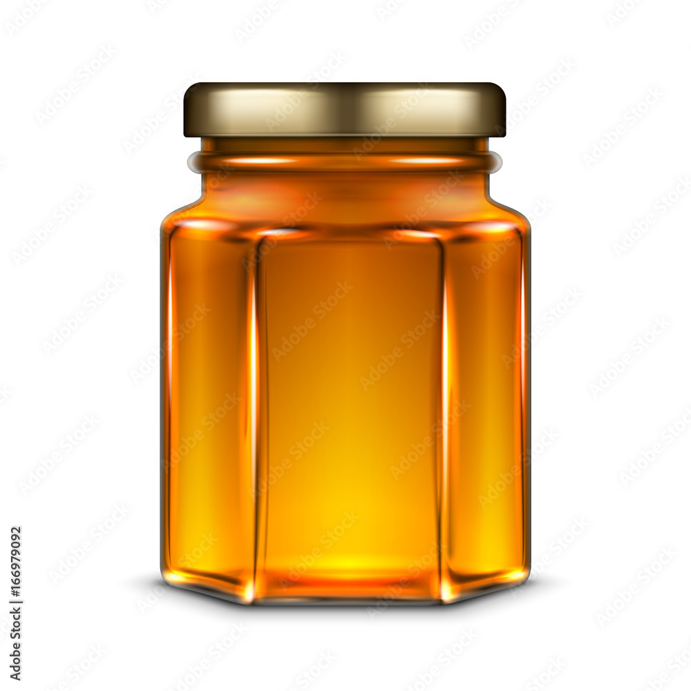 Vector hexagonal glass jar with honey. Realistic template illustration isolated over white background.