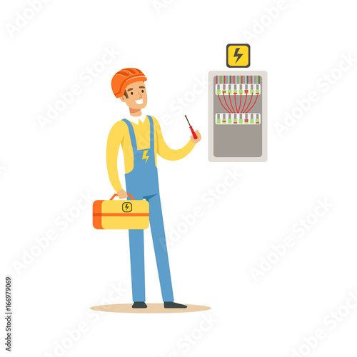 Professional electrician man character screwing equipment in fuse box, electric man perforrming electrical works vector Illustration