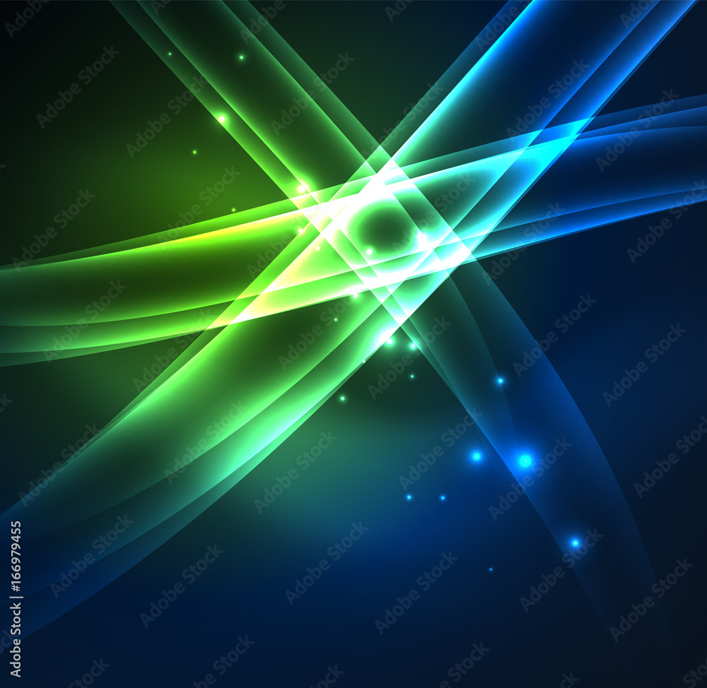 Energy lines, glowing waves in the dark, vector abstract background