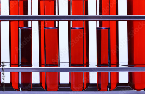 Red Liquid in group of Six Glass Tube Lab Test tools on Stainless stand