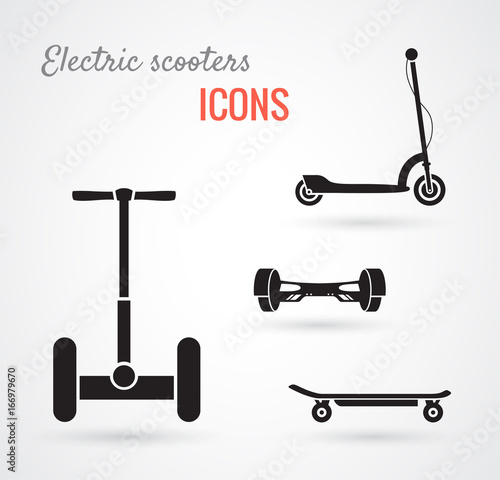 Set of self-balancing electric scooters icons isolated on white. Vector illustration, flat style