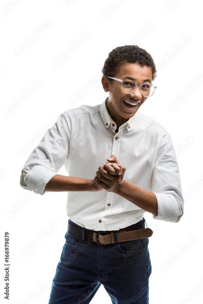 portrait of excited african american teenager holding hands in lock isolated on white portrait of excited african american teenager holding hands in lock isolated on white