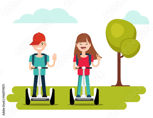 Kids riding segway and gesturing peace sign. Vector illustration of a flat design