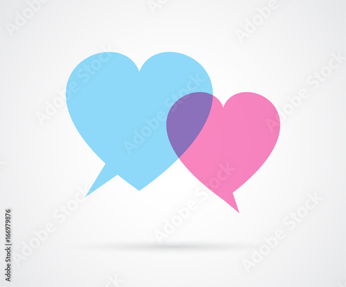 Heart shaped love speech bubbles. Male and female concept. Dialog. Vector illustration