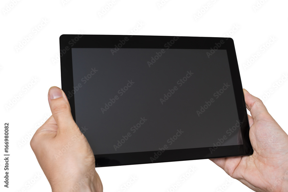 Man holds tablet in hands. Isolated on white background. Man holds tablet in hands. Isolated on white background.