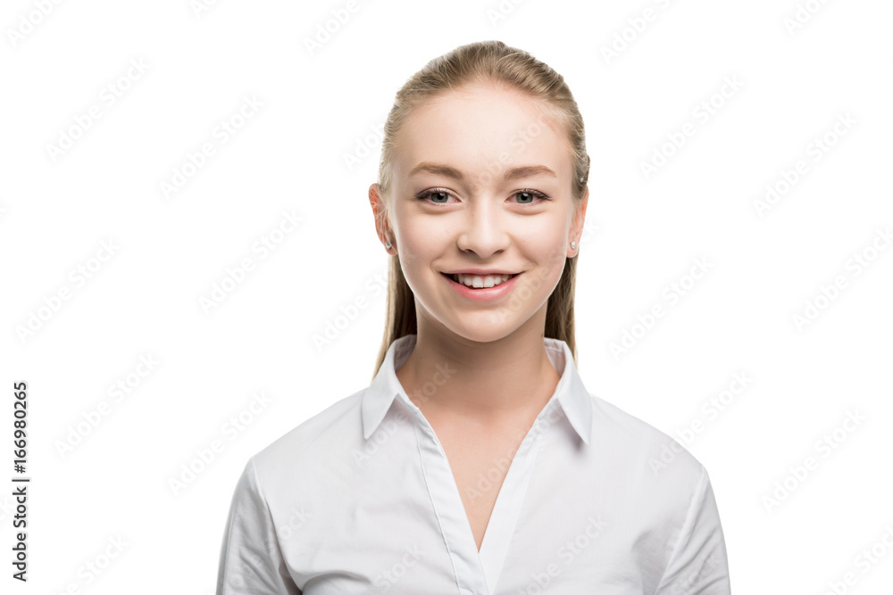 portrait of smiling caucasian teenage girl in white shirt isolated on white portrait of smiling caucasian teenage girl in white shirt isolated on white