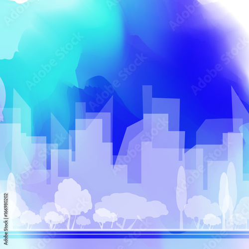 Vector city silhouette on watercolor background