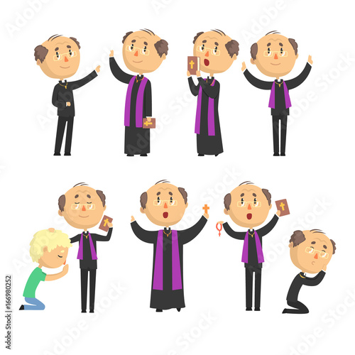 Cartoon catholic priest reading prayer, blessing parishioners, holding Cross, Bible and Gospel set of vector Illustrations