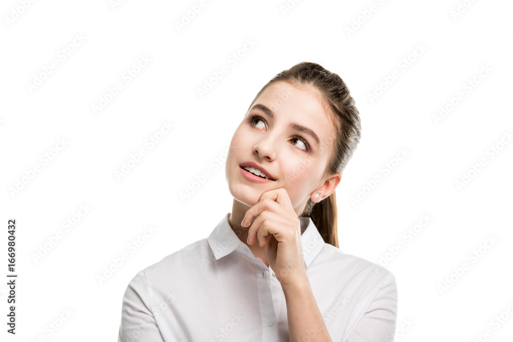 portrait of dreamy caucasian teenage girl with hand on chin isolated on white portrait of dreamy caucasian teenage girl with hand on chin isolated on white