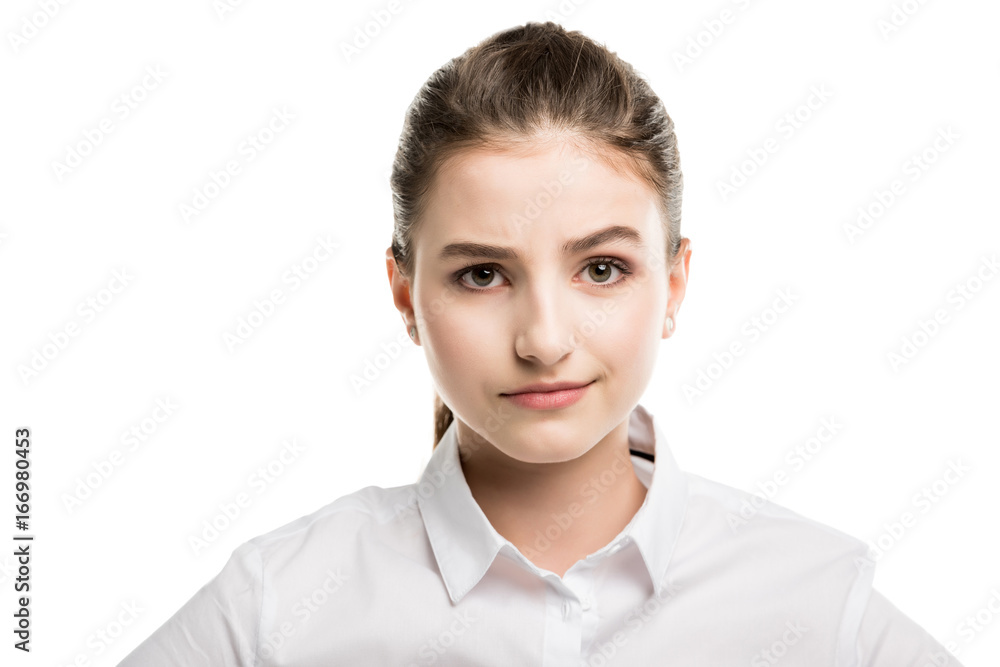 head and shoulders shot of caucasian teenage girl in white shirt isolated on white head and shoulders shot of caucasian teenage girl in white shirt isolated on white
