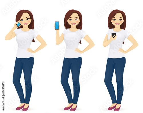 Woman in jeans with the phone isolated