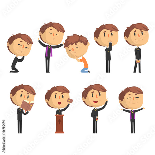 Young cartoon catholic priest reading prayer, blessing parishioners, holding Cross, Bible and Gospel set of vector Illustrations