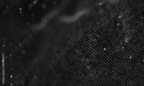 Data technology abstract futuristic illustration . Low poly shape with connecting dots and lines on dark background. 3D rendering . Big data visualization .