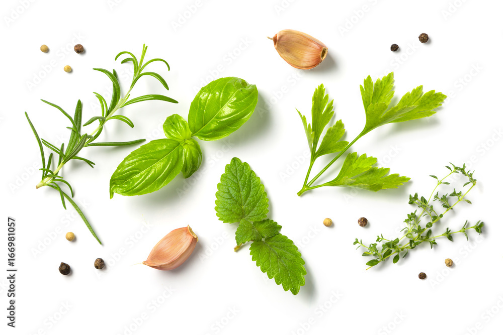 Selectionof herbs and spices, isolated - obrazy, fototapety, plakaty 